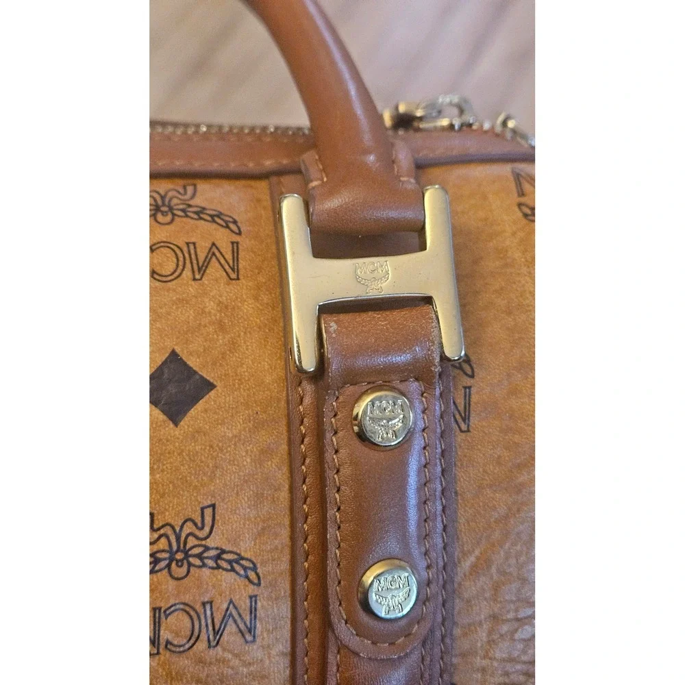 MCM Visetos Boston Bag Cognac Monogram Satchel Gold Hardware C5607